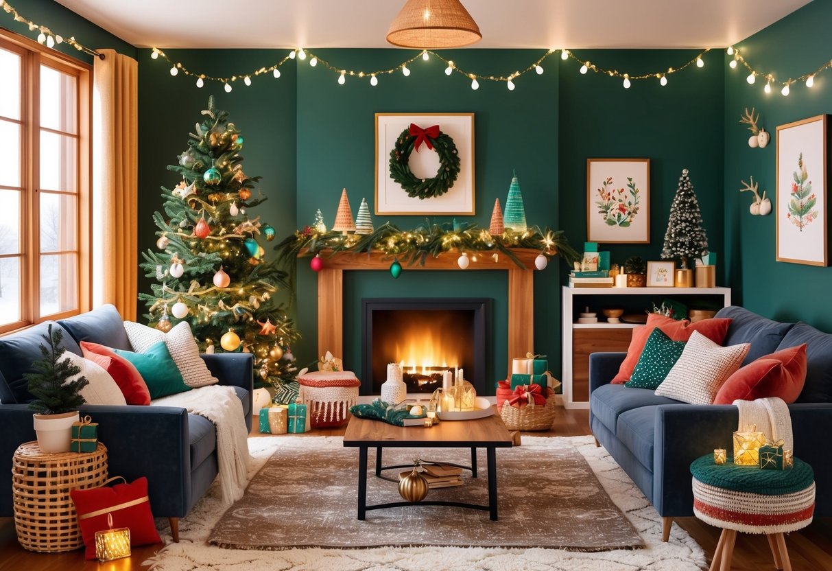A cozy living room adorned with handmade upcycled ornaments, twinkling lights, and festive decor, creating a warm and inviting holiday atmosphere