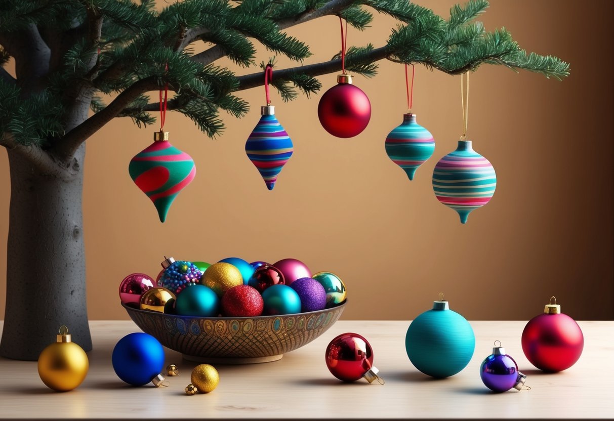 A table with colorful handmade ornaments in various shapes and sizes, arranged in a decorative bowl and hanging from a tree branch