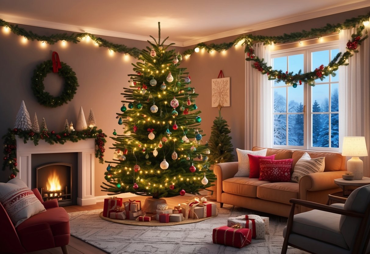 A cozy living room with a decorated Christmas tree surrounded by handmade ornaments, festive garlands, and twinkling lights