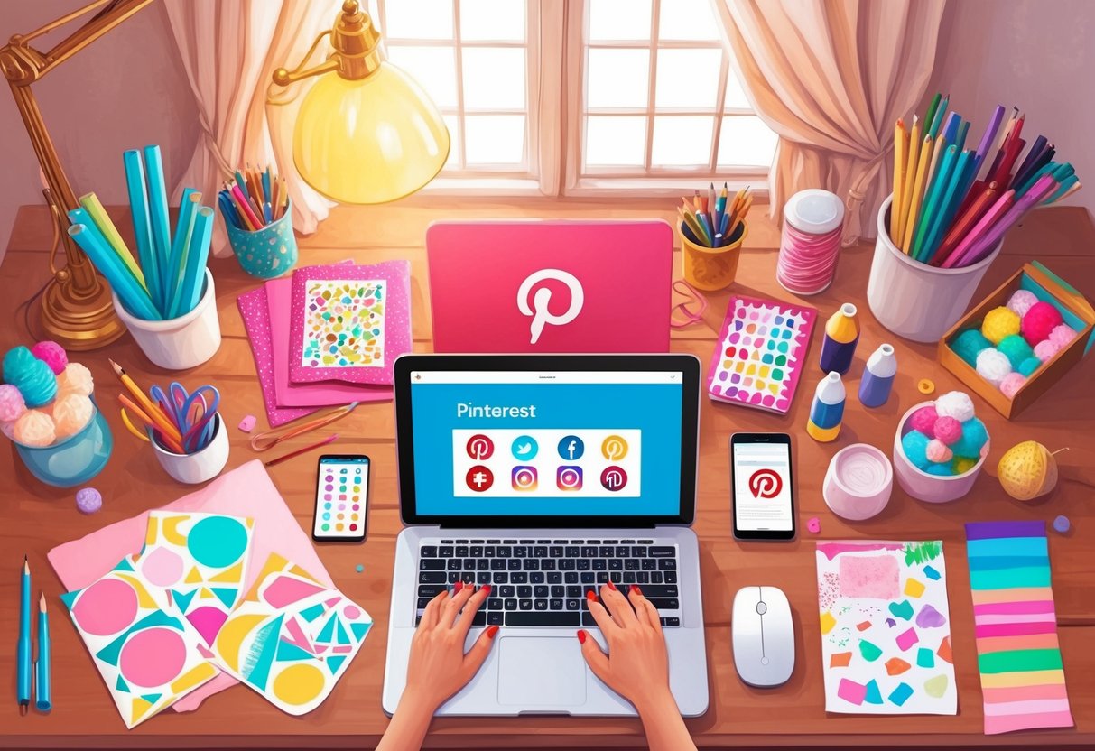A cozy, well-lit workspace with a laptop open to Pinterest and Instagram, surrounded by colorful craft supplies and finished projects