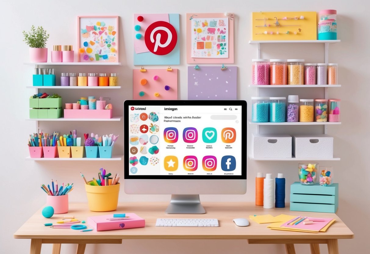 A bright, organized craft room with a computer displaying Pinterest and Instagram trends. Shelves filled with colorful crafting supplies and inspiration boards on the walls