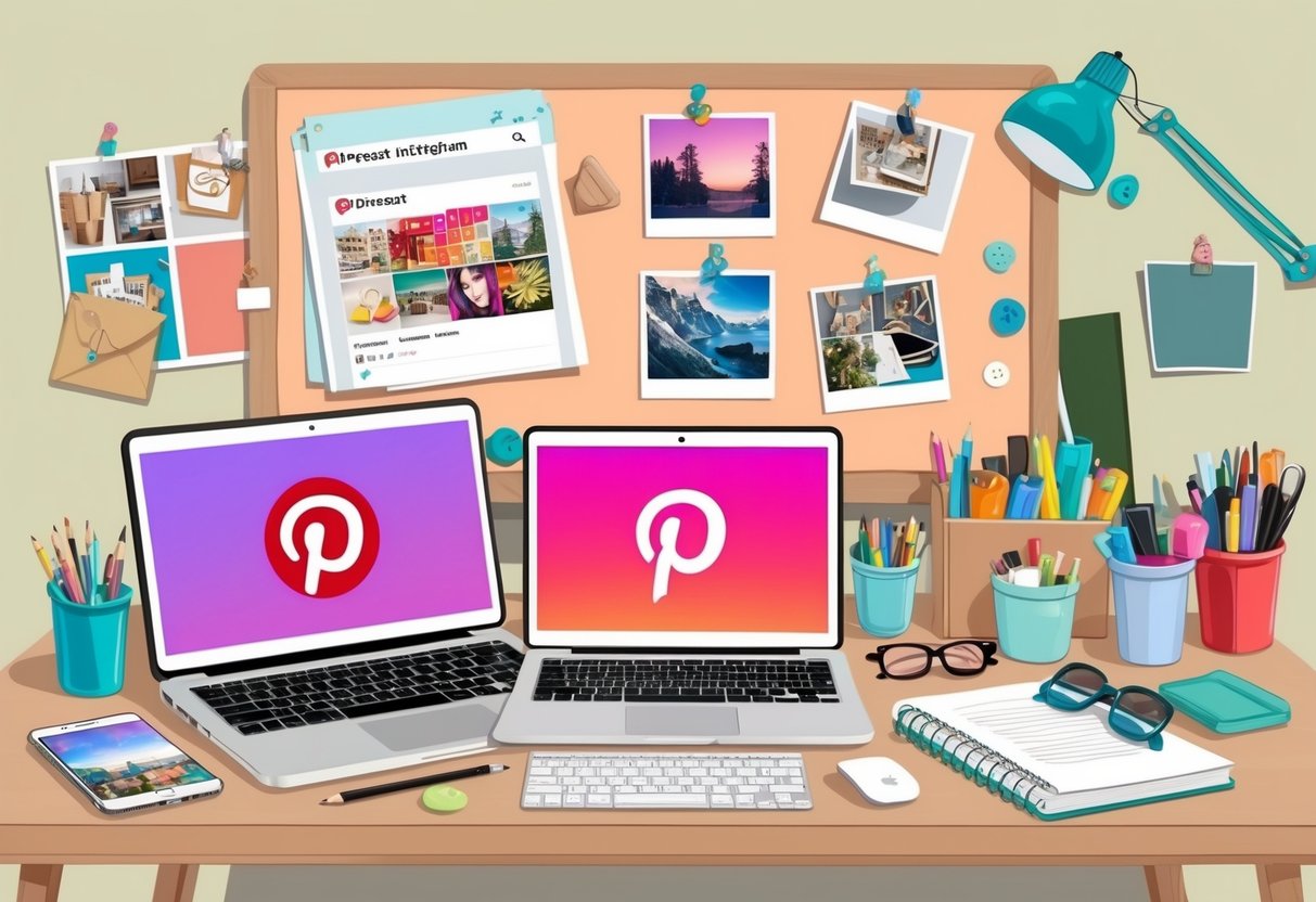 A cluttered desk with open laptops showing Pinterest and Instagram, surrounded by craft supplies and inspirational images pinned to a mood board