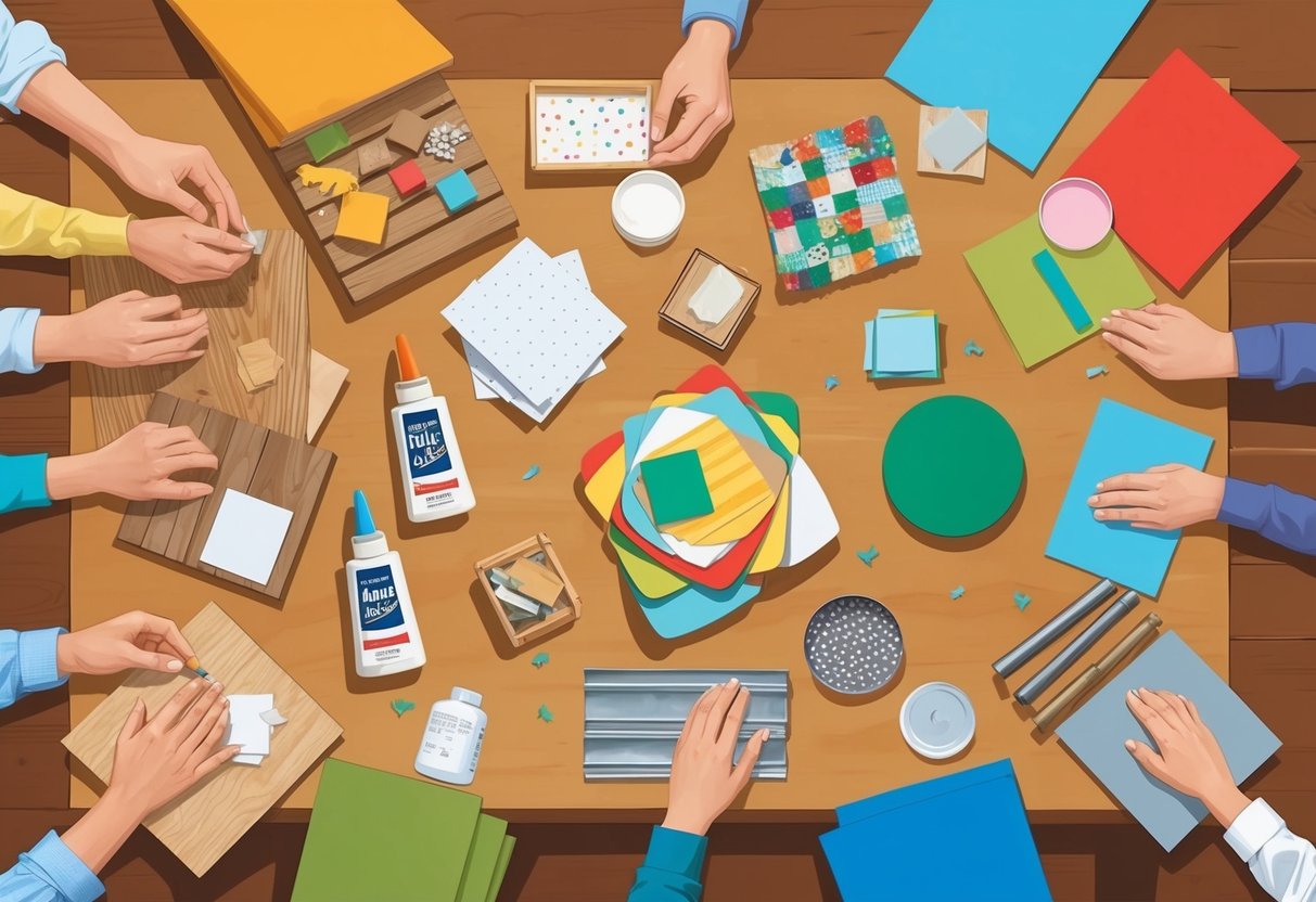 A table with various craft materials and glues, including wood, paper, fabric, and metal, surrounded by colorful samples of finished projects