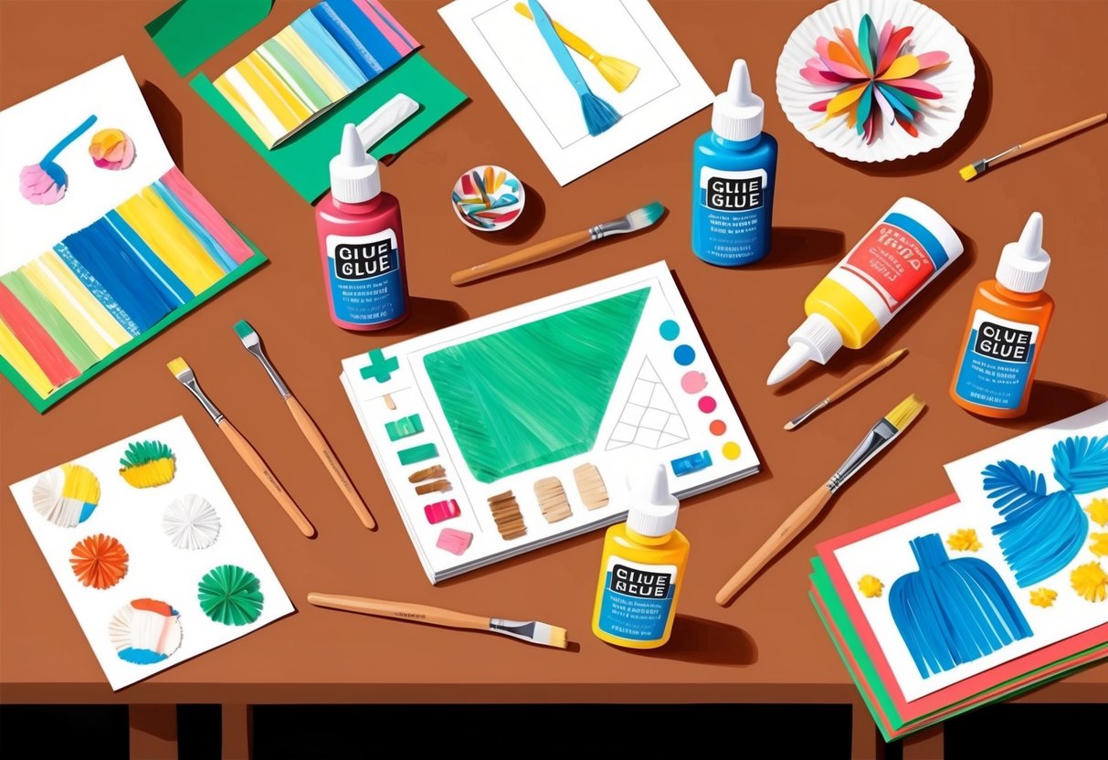 A table with various craft supplies: glue bottles, brushes, and examples of different craft projects