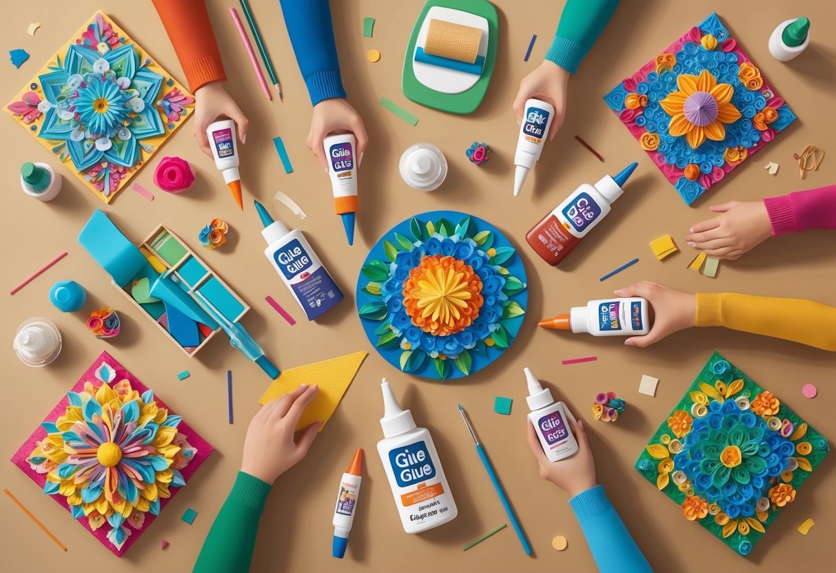 A table with various craft supplies and different types of glue, surrounded by colorful and intricate craft projects showcasing the versatility of each glue