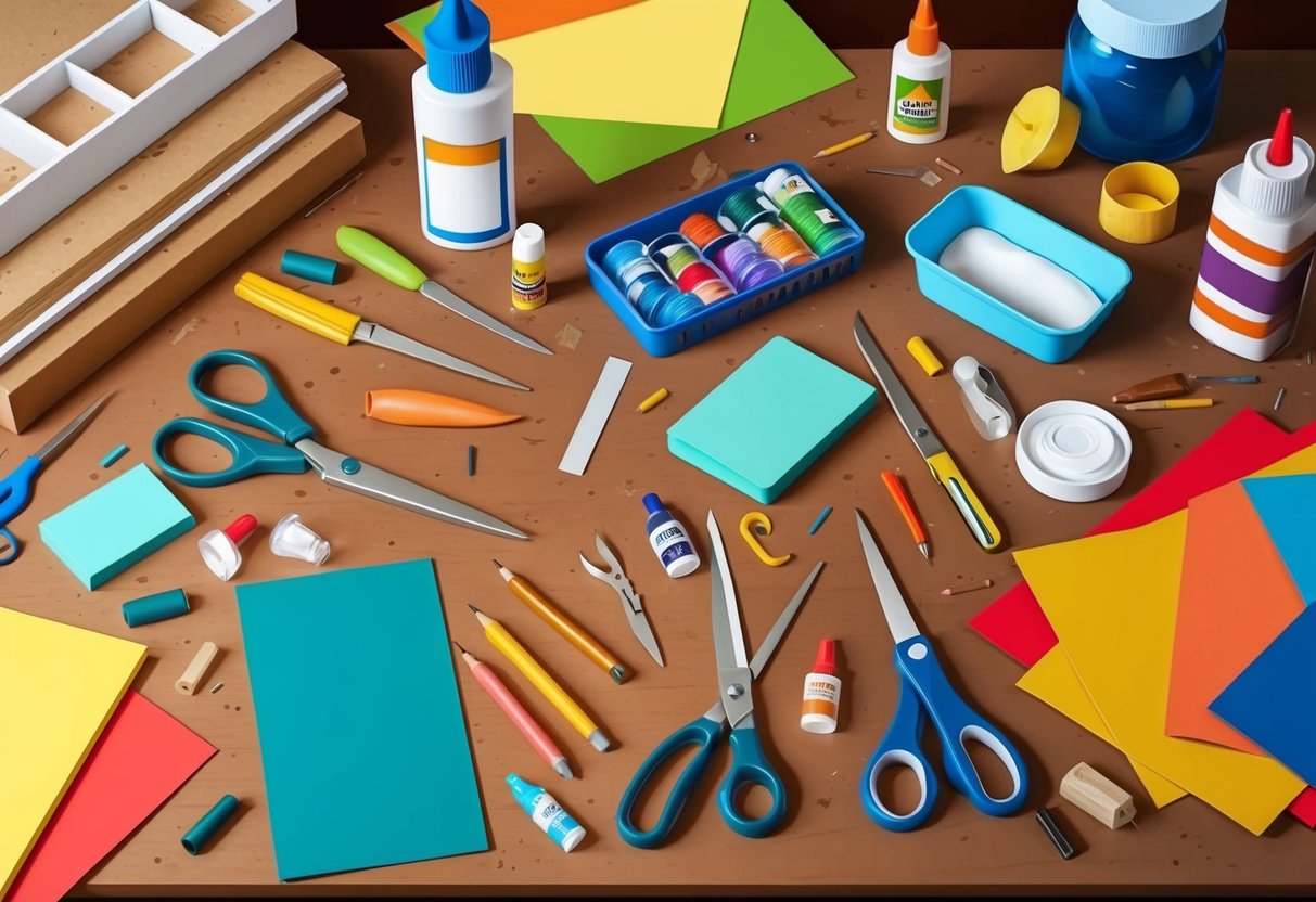 A cluttered workbench with various craft supplies, including different types of glue, scissors, and colorful paper