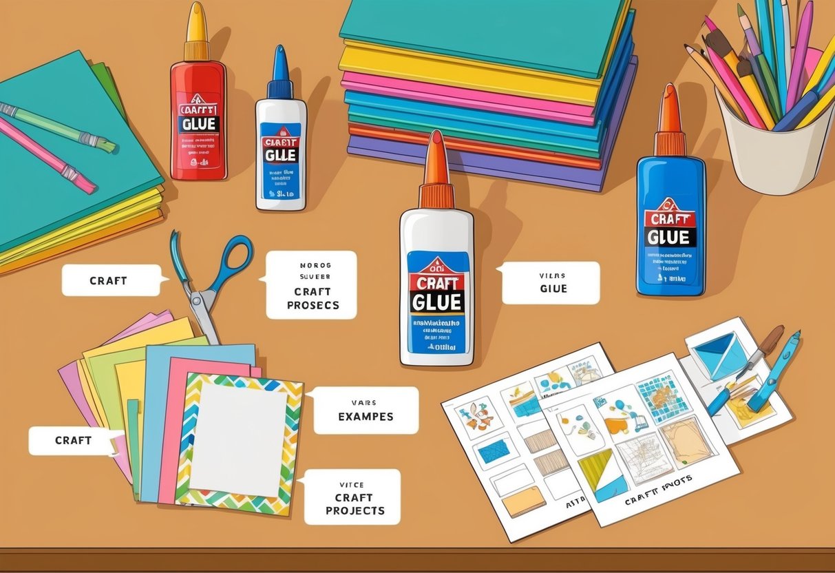 A table with various craft supplies and different types of glue, along with labeled examples of craft projects