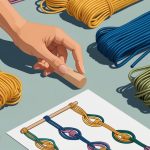 A hand reaching for a wooden dowel, surrounded by colorful bundles of macrame cord and a simple pattern laid out on a table