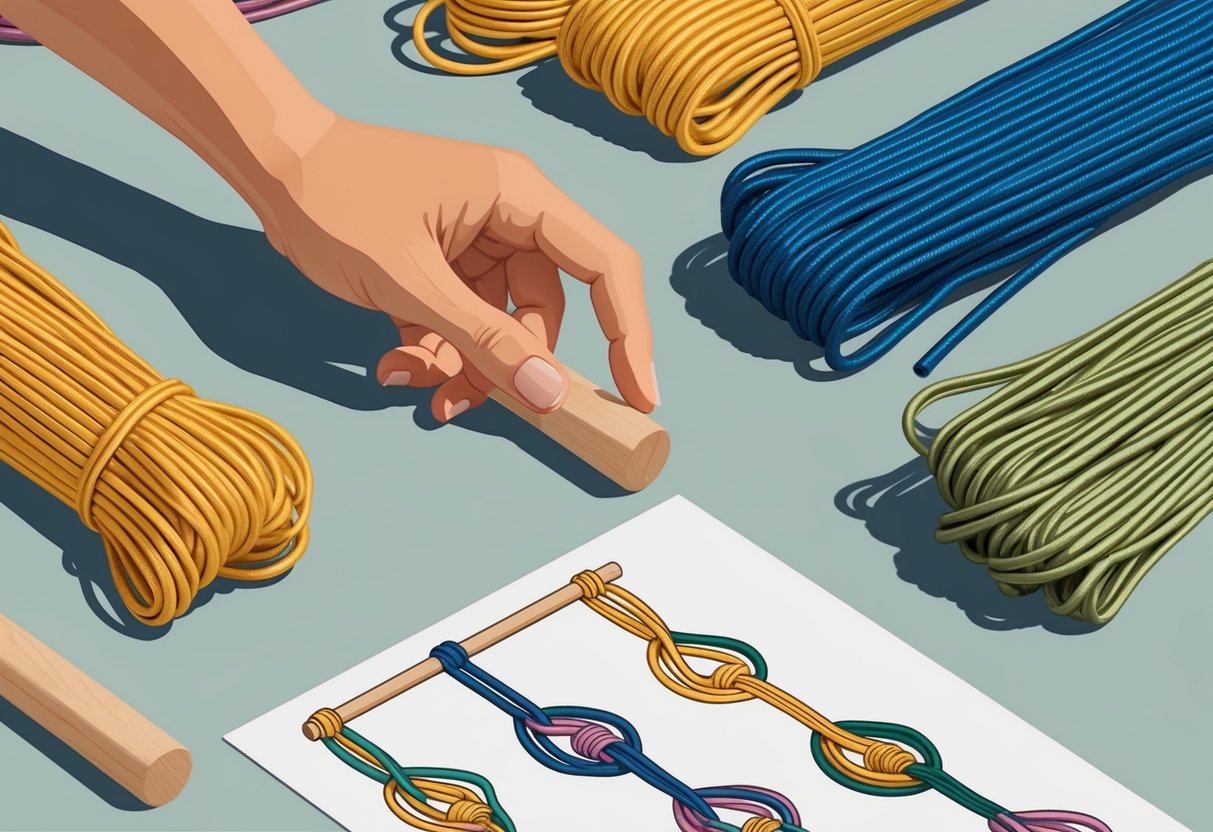 Feature image A hand reaching for a wooden dowel, surrounded by colorful bundles of macrame cord and a simple pattern laid out on a table