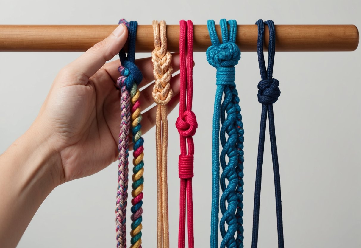 A hand holding a bundle of colorful macrame cords, with various knots and patterns hanging from a wooden dowel
