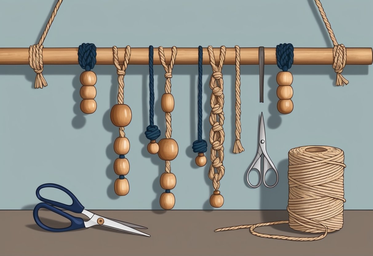 A wooden dowel hangs horizontally, adorned with macrame knots and wooden beads in various sizes. A pair of scissors and a spool of twine sit nearby