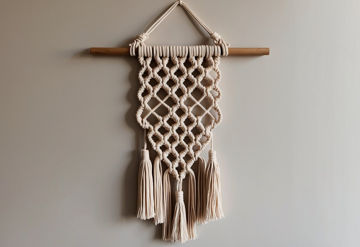 A completed macrame wall hanging hangs against a neutral wall, featuring intricate knot patterns and tassels