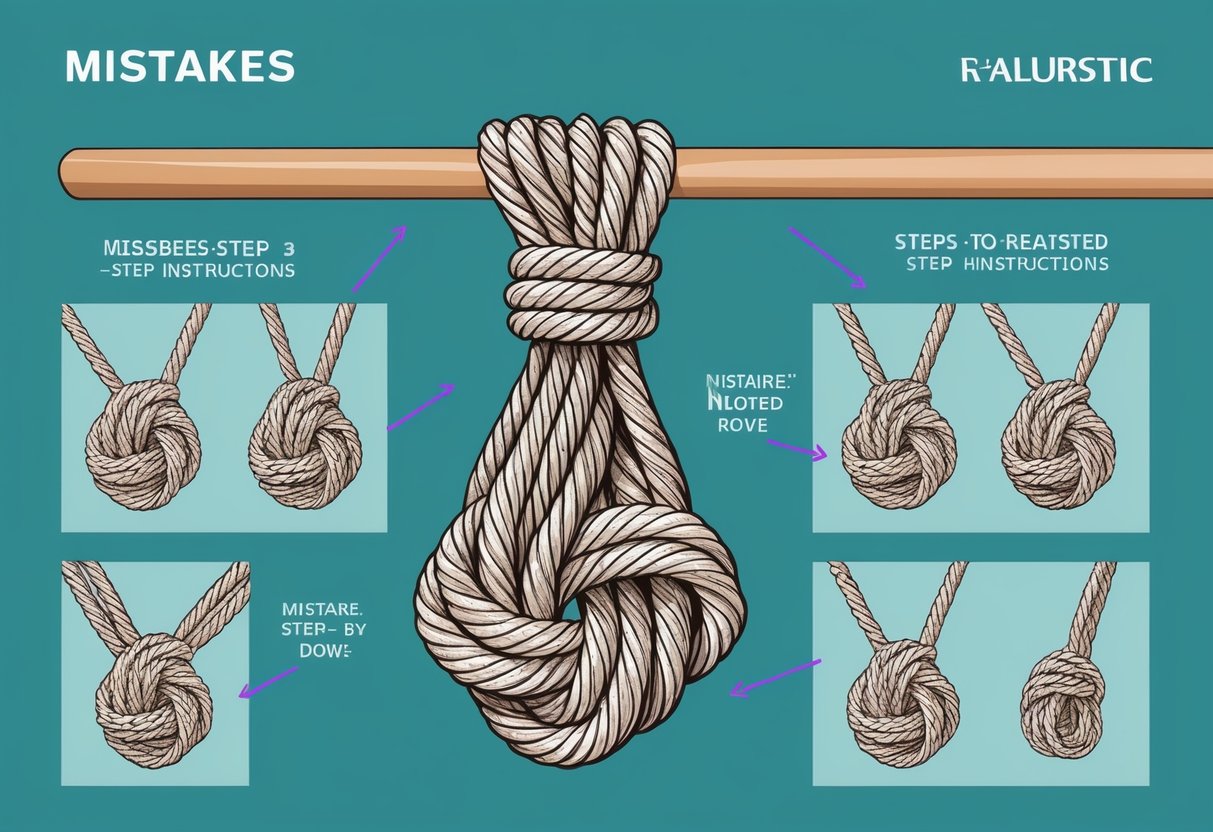 A tangle of knotted ropes hanging from a wooden dowel, with various mistakes highlighted and crossed out, alongside clear, step-by-step instructions