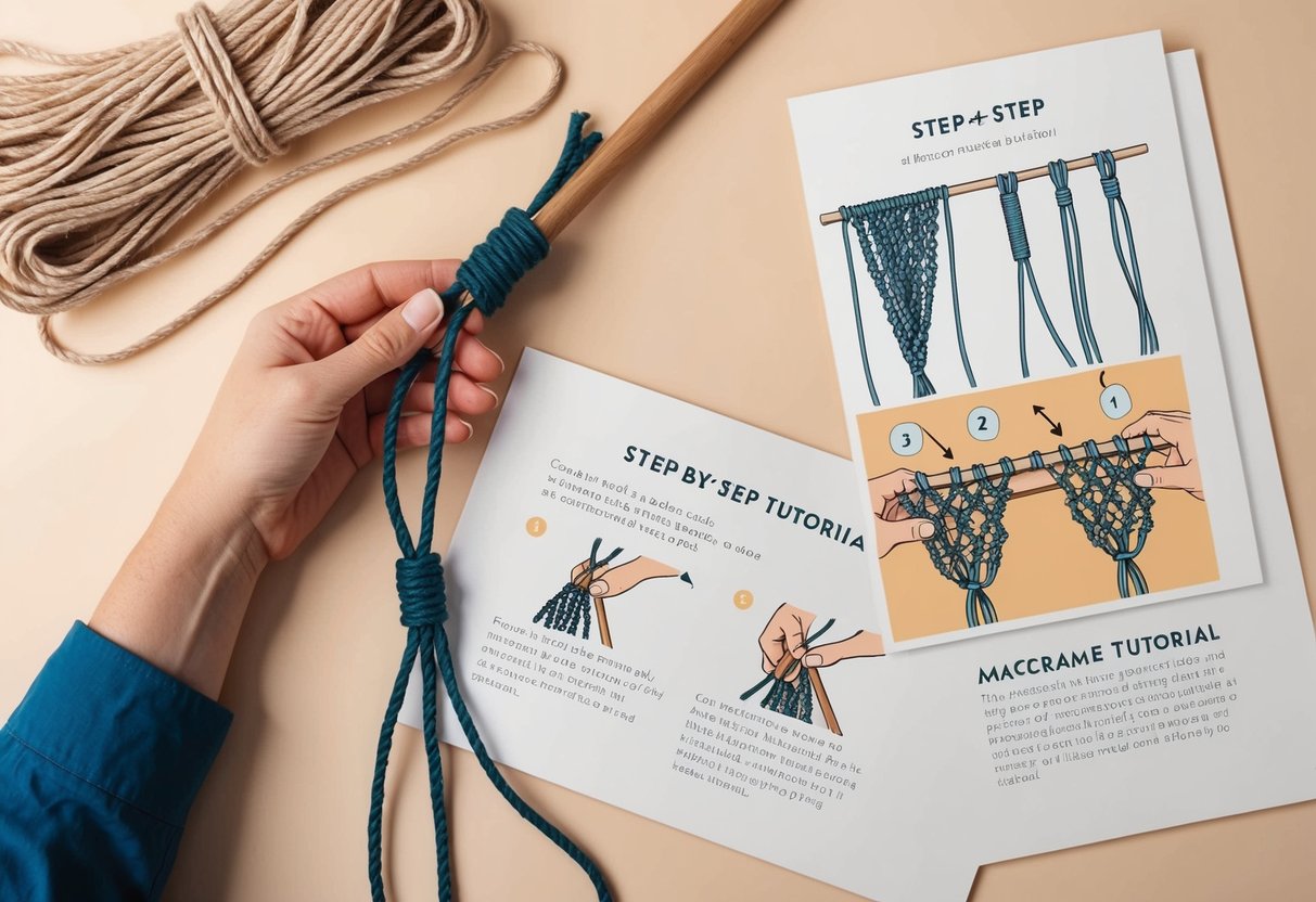 A hand holding macrame cords, a wooden dowel, and a step-by-step tutorial on a table