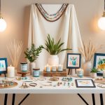 A table filled with handmade crafts, including jewelry, candles, and artwork, displayed against a neutral backdrop with soft lighting