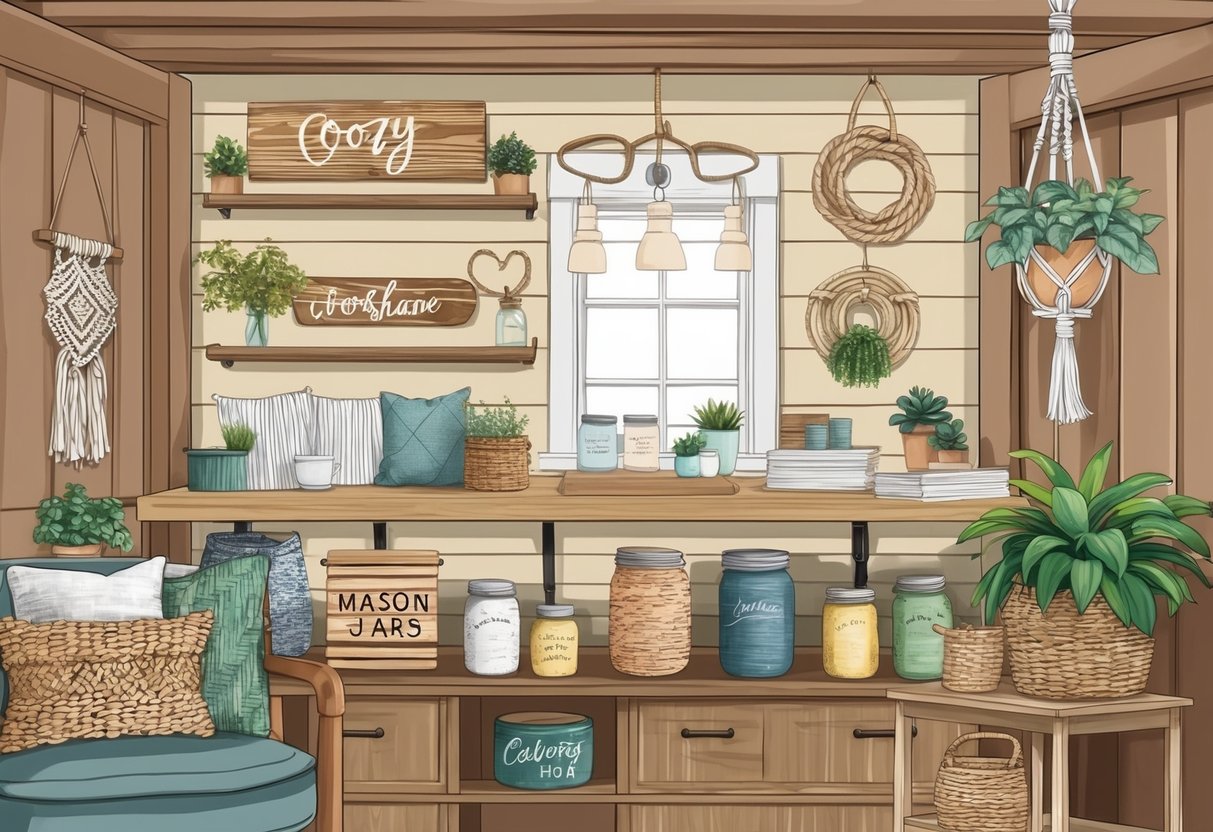 A cozy home workshop filled with handmade decor items, including wooden signs, woven wall hangings, painted mason jars, and macrame plant hangers
