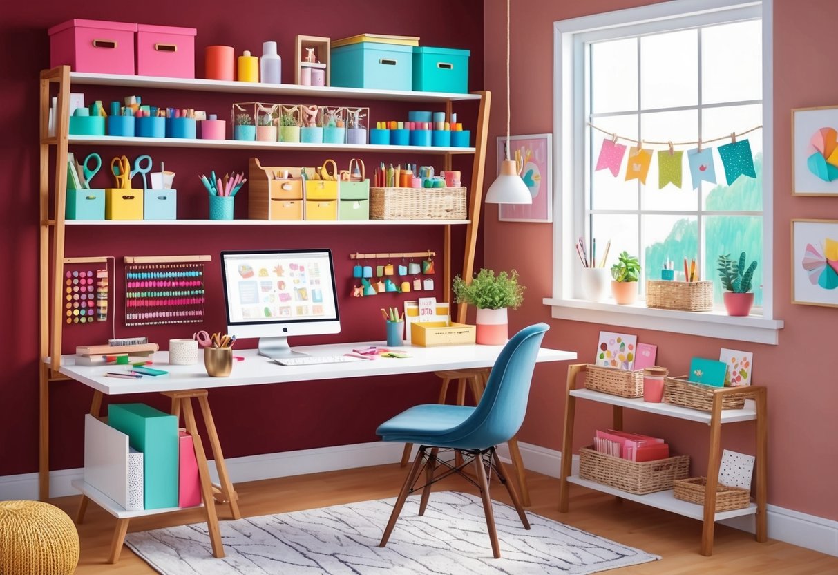 A cozy home workspace with shelves filled with colorful crafting supplies, a desk with personalized stationery, and finished DIY crafts displayed for sale online