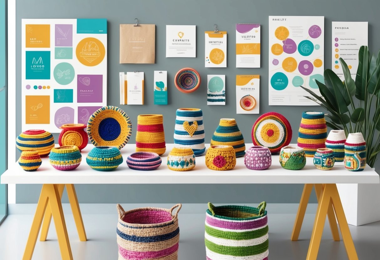A colorful array of handmade crafts displayed on a clean, modern table with branding and marketing materials in the background