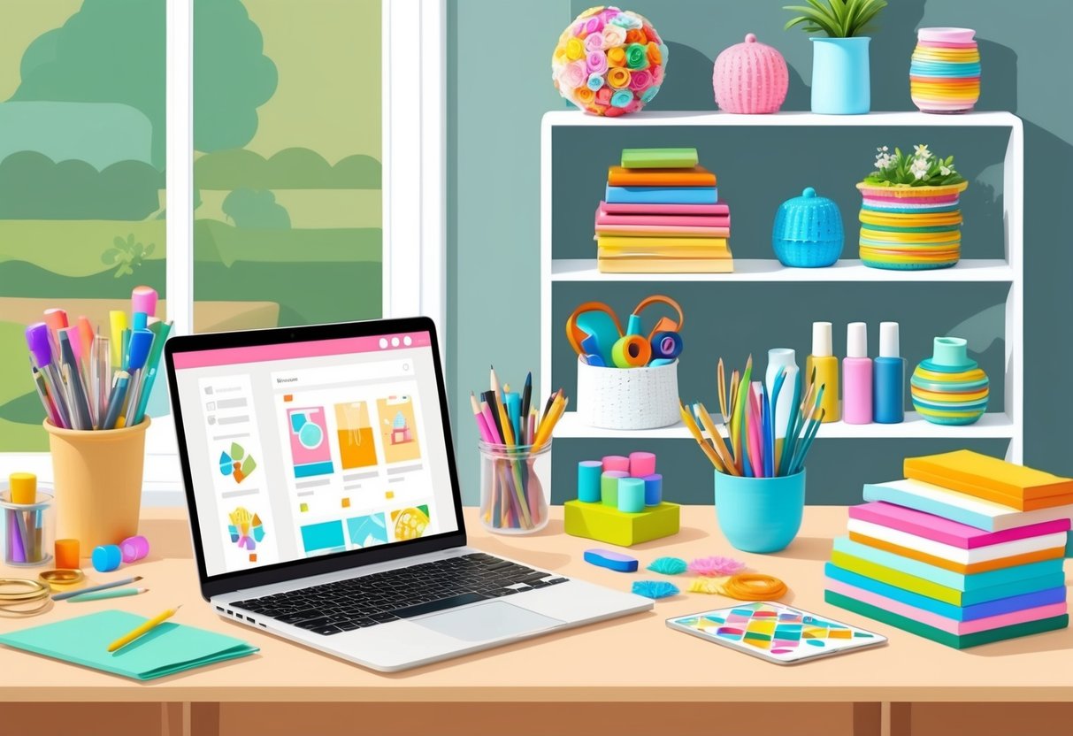 A cozy home workspace with a desk filled with colorful craft supplies, a laptop open to an online marketplace, and shelves displaying finished DIY craft projects