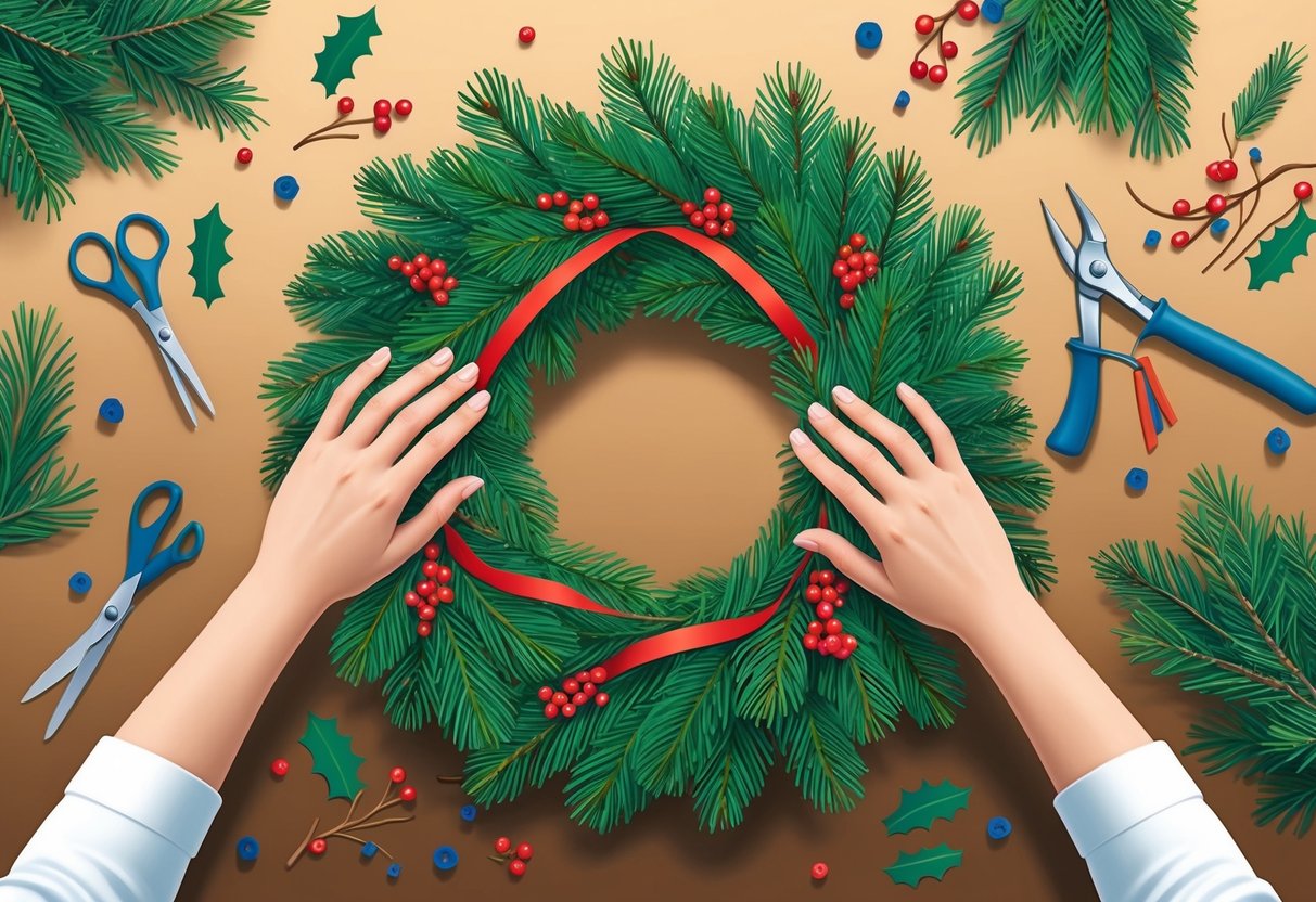 A table scattered with pine branches, berries, and ribbons. A pair of hands arranging them into a festive wreath, surrounded by crafting tools