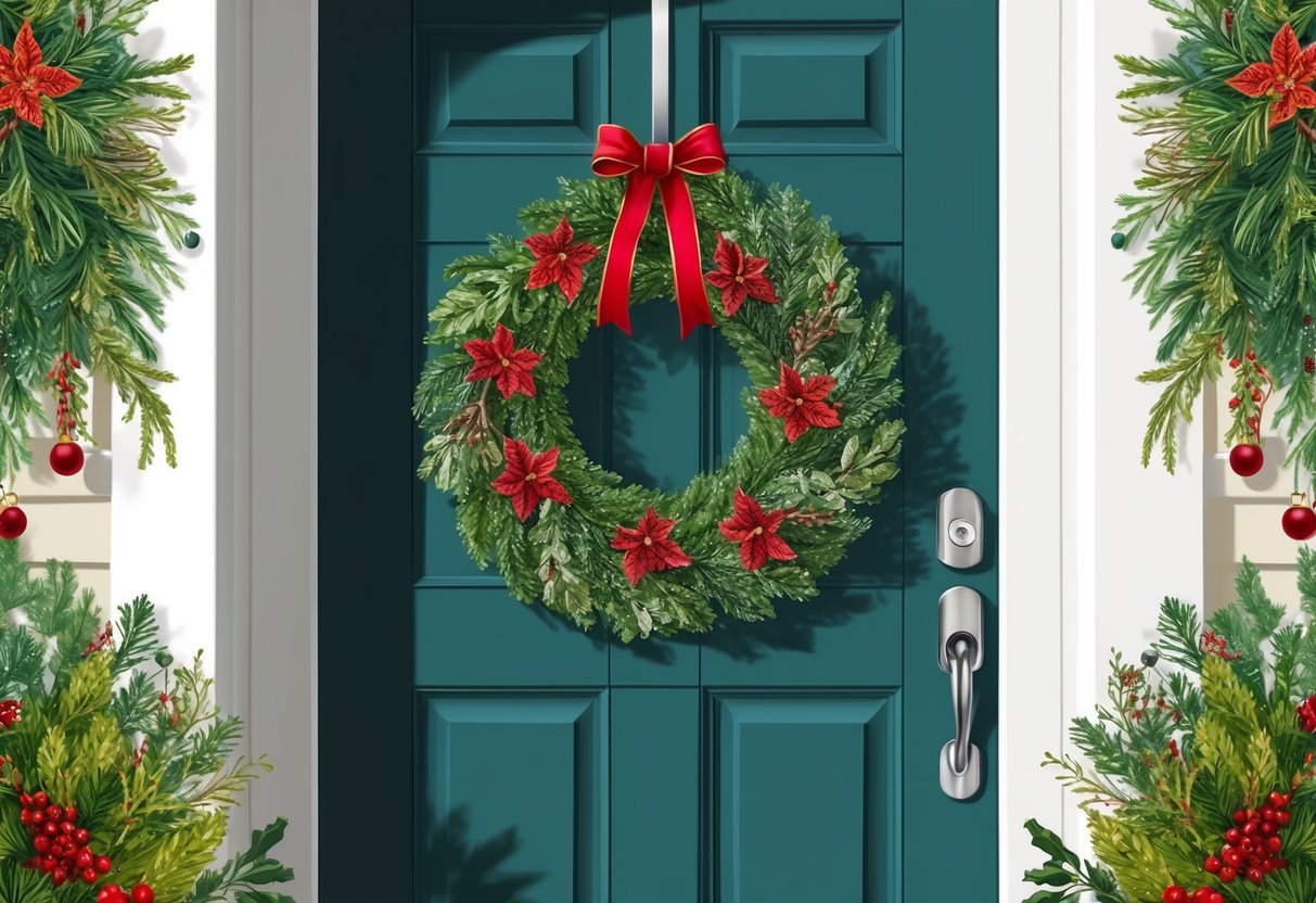 A front door with a festive wreath hanging from a hook, surrounded by greenery and holiday decorations