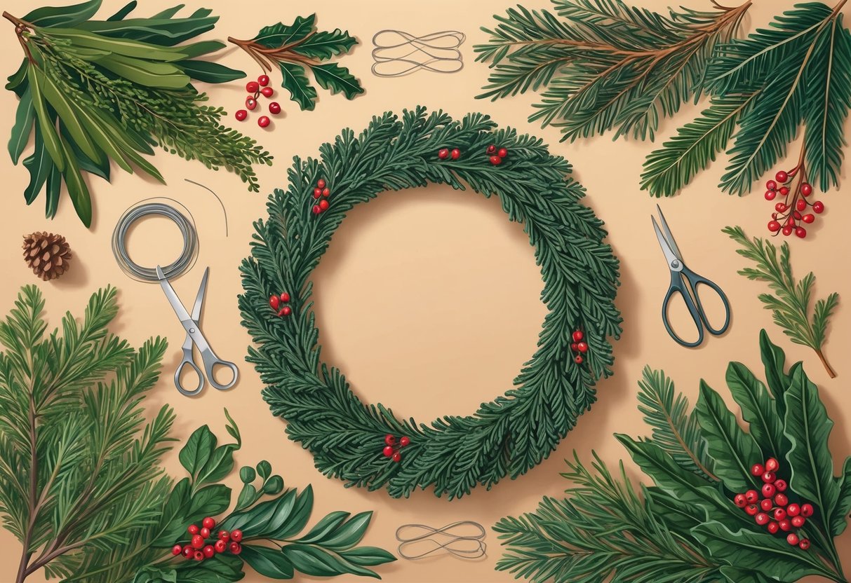 A table with various types of greenery, berries, and decorative elements laid out, along with scissors, wire, and a wreath frame