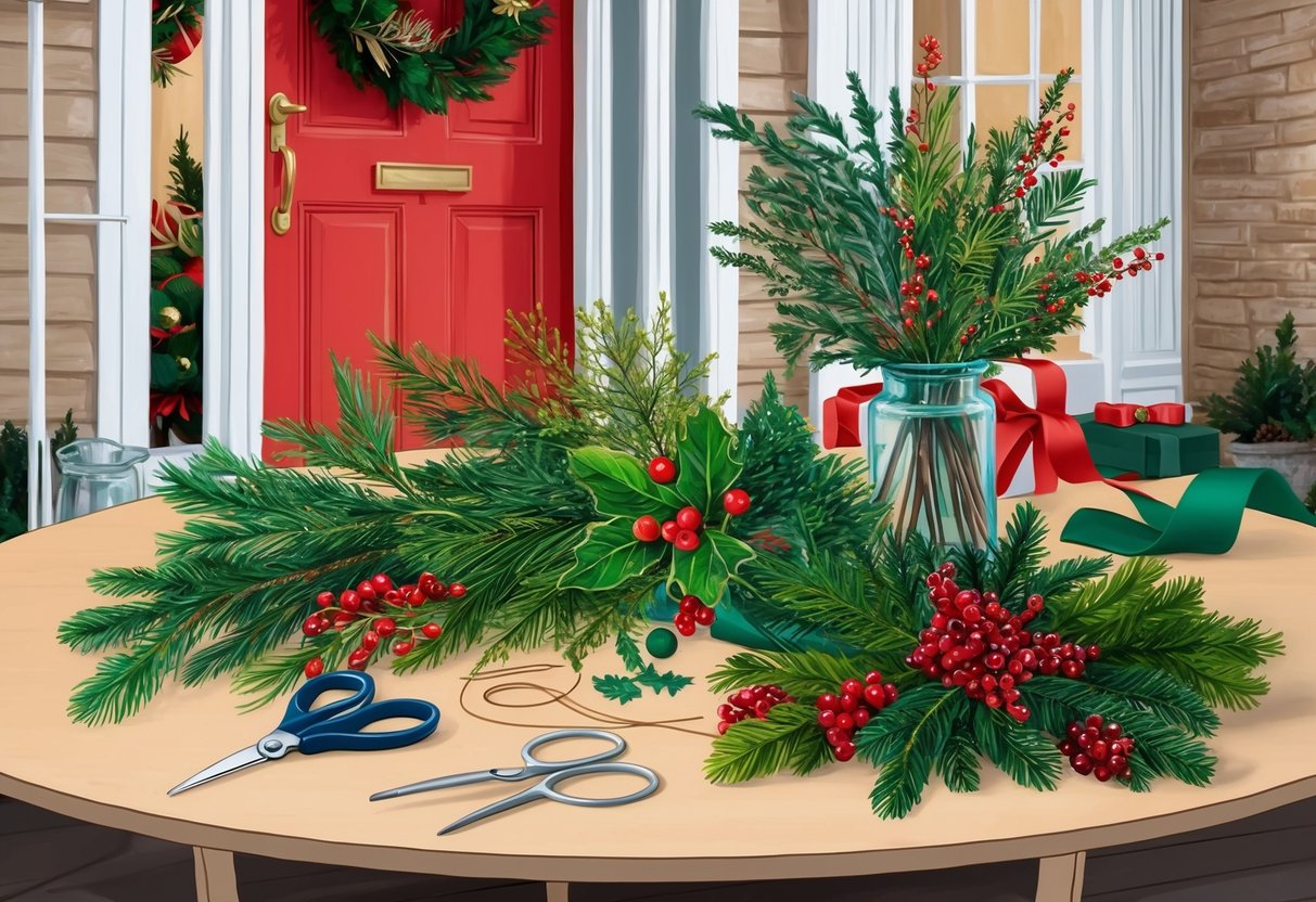 A table with assorted greenery, berries, and ribbons, along with scissors and wire, set against a backdrop of a festive front door