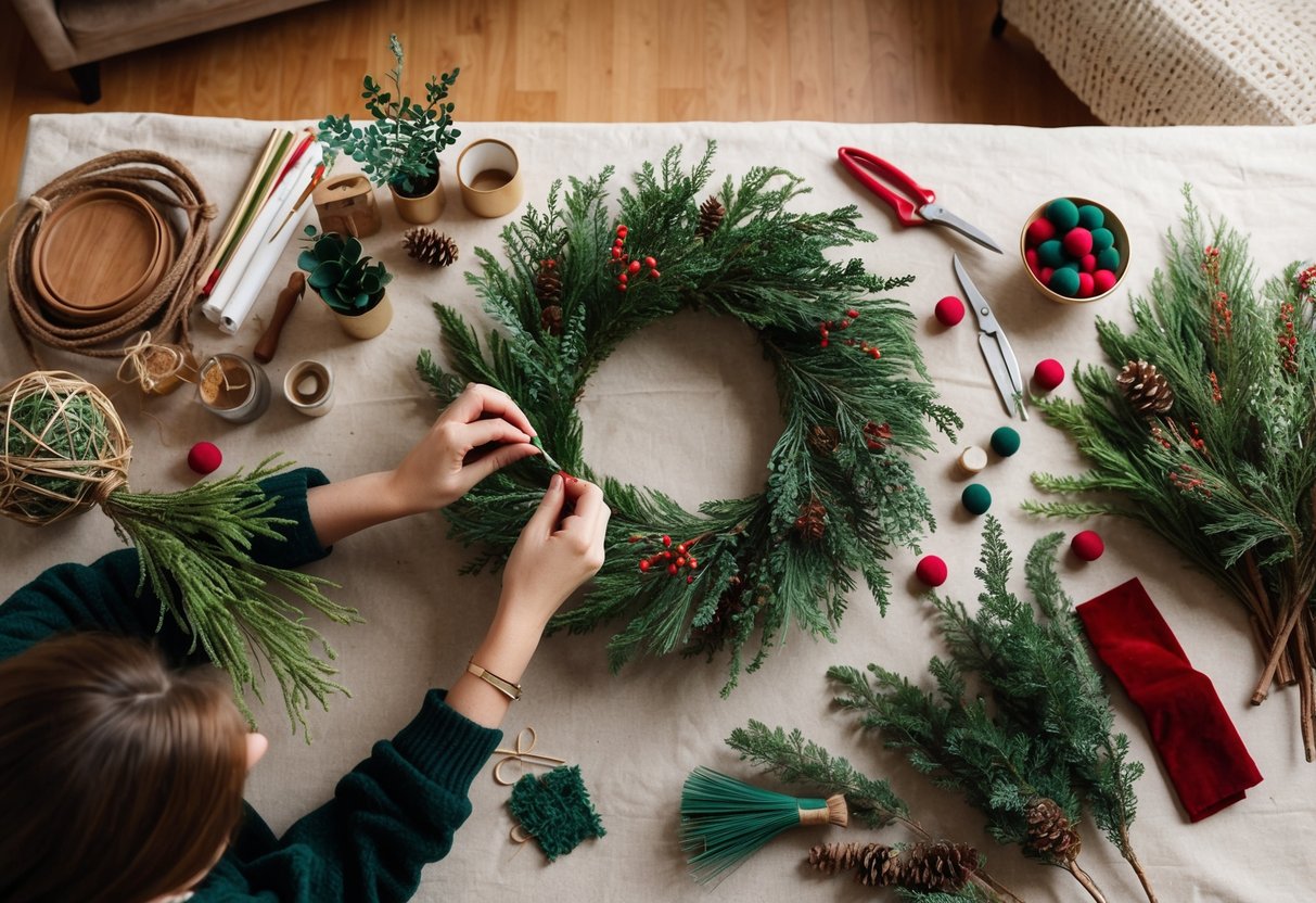 A cozy living room table with various crafting supplies and greenery scattered about, as someone carefully constructs a festive holiday wreath