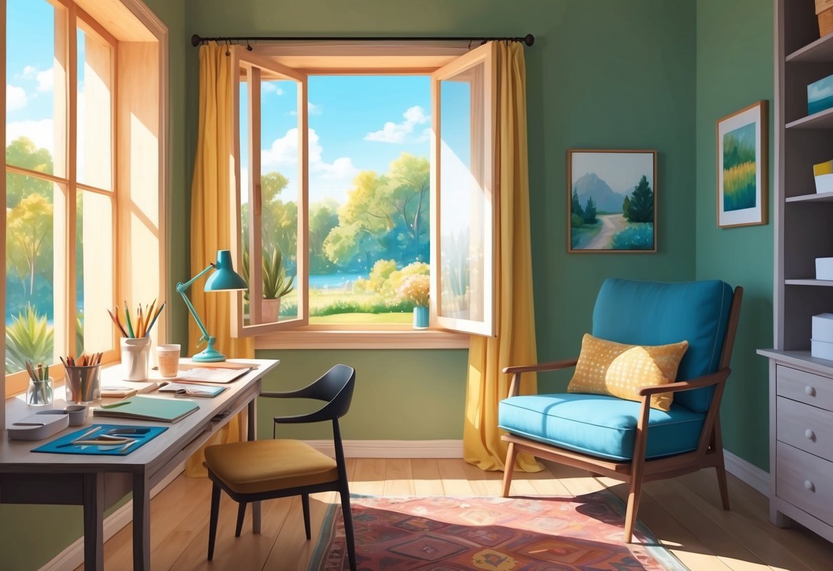 A cozy, sunlit room with a comfortable chair, a table with art supplies, and a serene view of nature outside the window