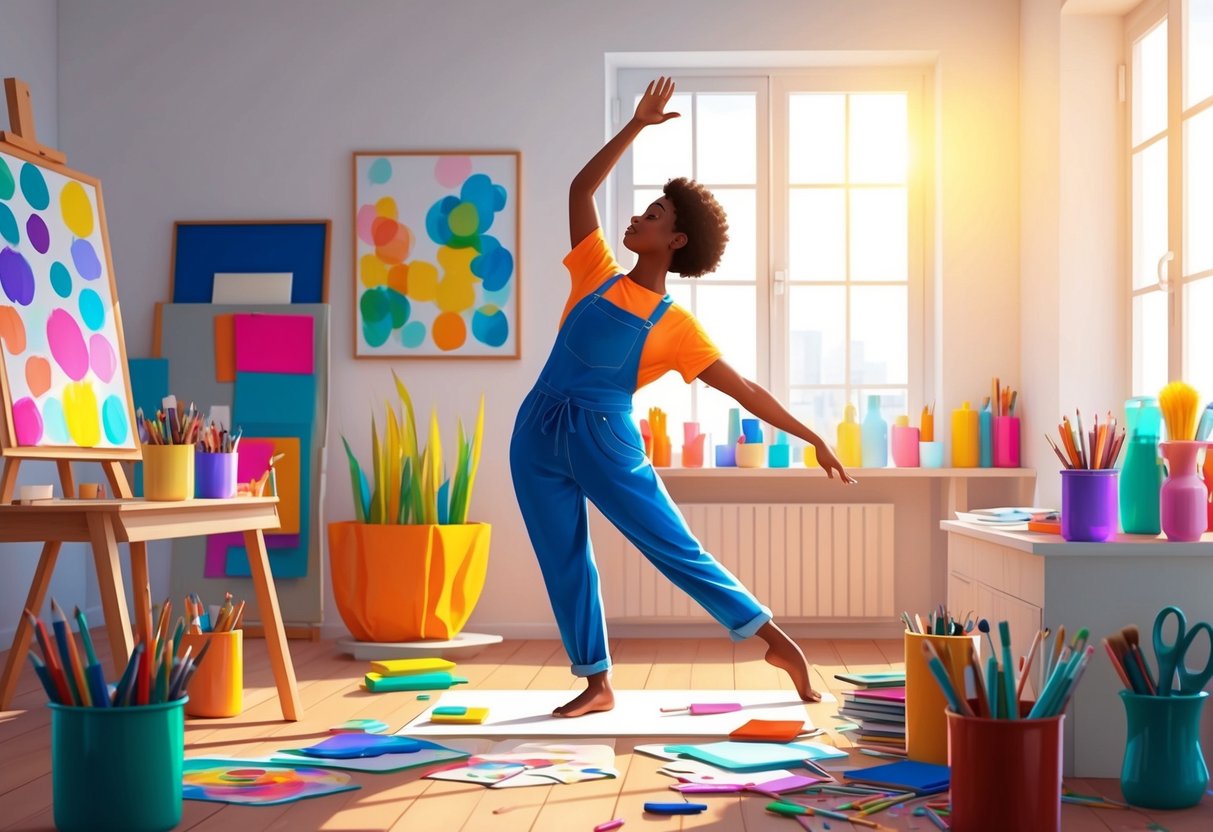 An artist stands in a sunlit room, surrounded by colorful art supplies. They move freely, stretching and dancing as they brainstorm new creative ideas