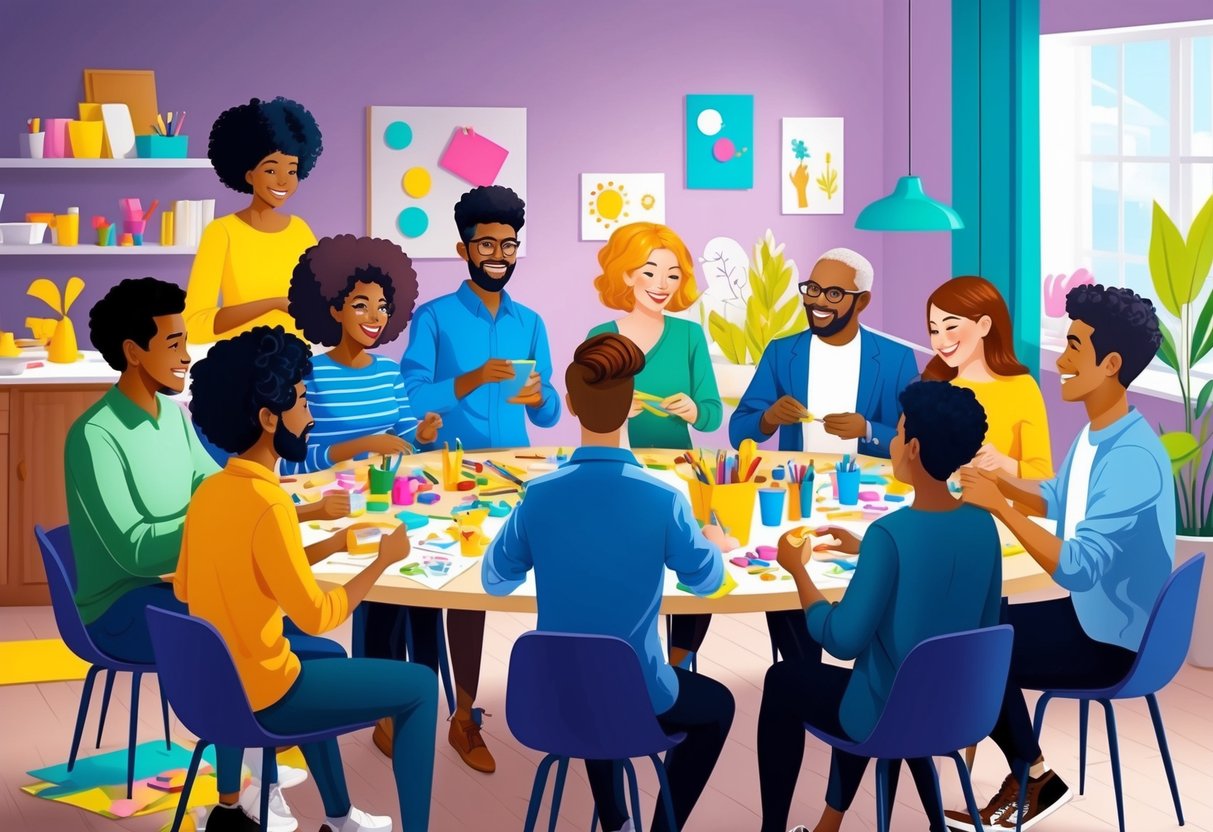 A group of diverse individuals gather around a table, sharing ideas and working together on various crafting projects. Bright colors and creative materials are scattered around the room, evoking a sense of collaboration and inspiration