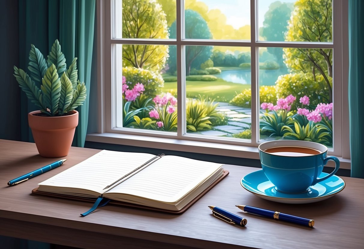 A cozy desk with a journal, pen, and a cup of tea sits by a window overlooking a serene garden, inviting reflection and creativity
