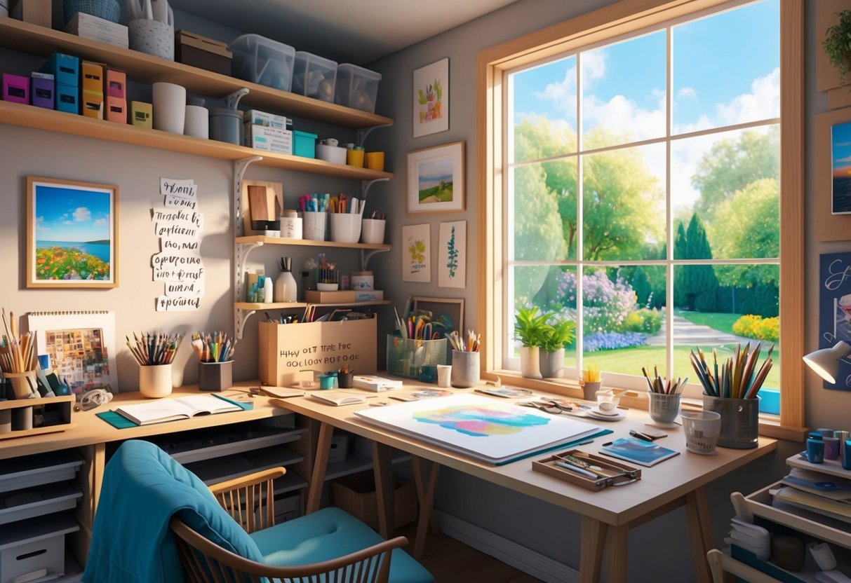 A cozy studio filled with art supplies and natural light, with a desk surrounded by inspirational quotes and images. A window overlooks a serene garden, providing a peaceful and creative atmosphere