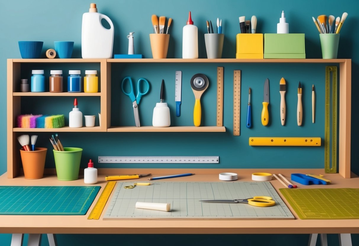 Feature image A well-organized workbench with various crafting tools neatly arranged on shelves and a sturdy table, including scissors, glue, paintbrushes, rulers, and cutting mats