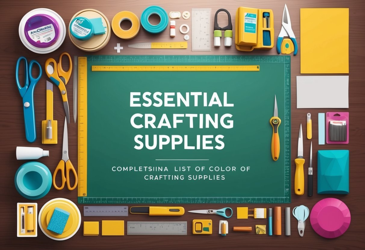 A table with various adhesives, scissors, rulers, and other crafting tools neatly arranged for a complete list of essential crafting supplies