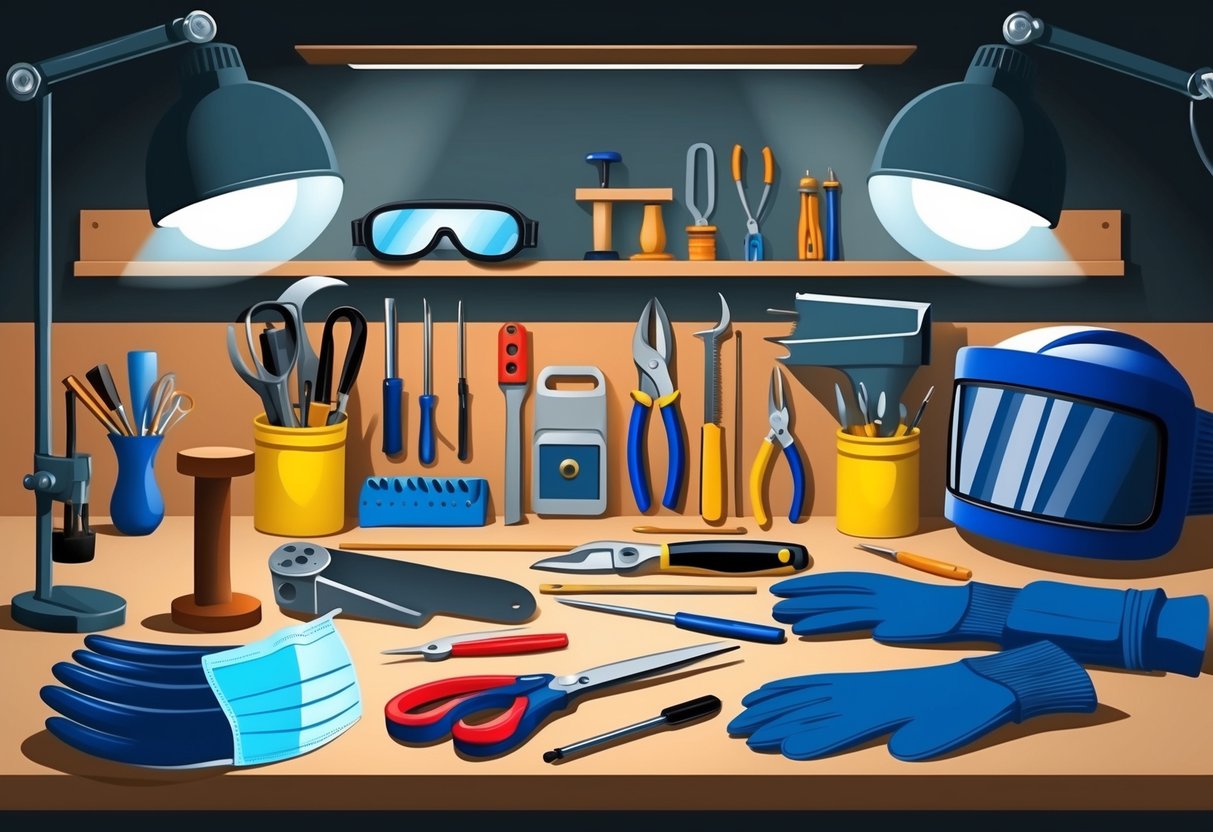 A workbench with various crafting tools neatly organized alongside safety gear such as goggles, gloves, and a mask