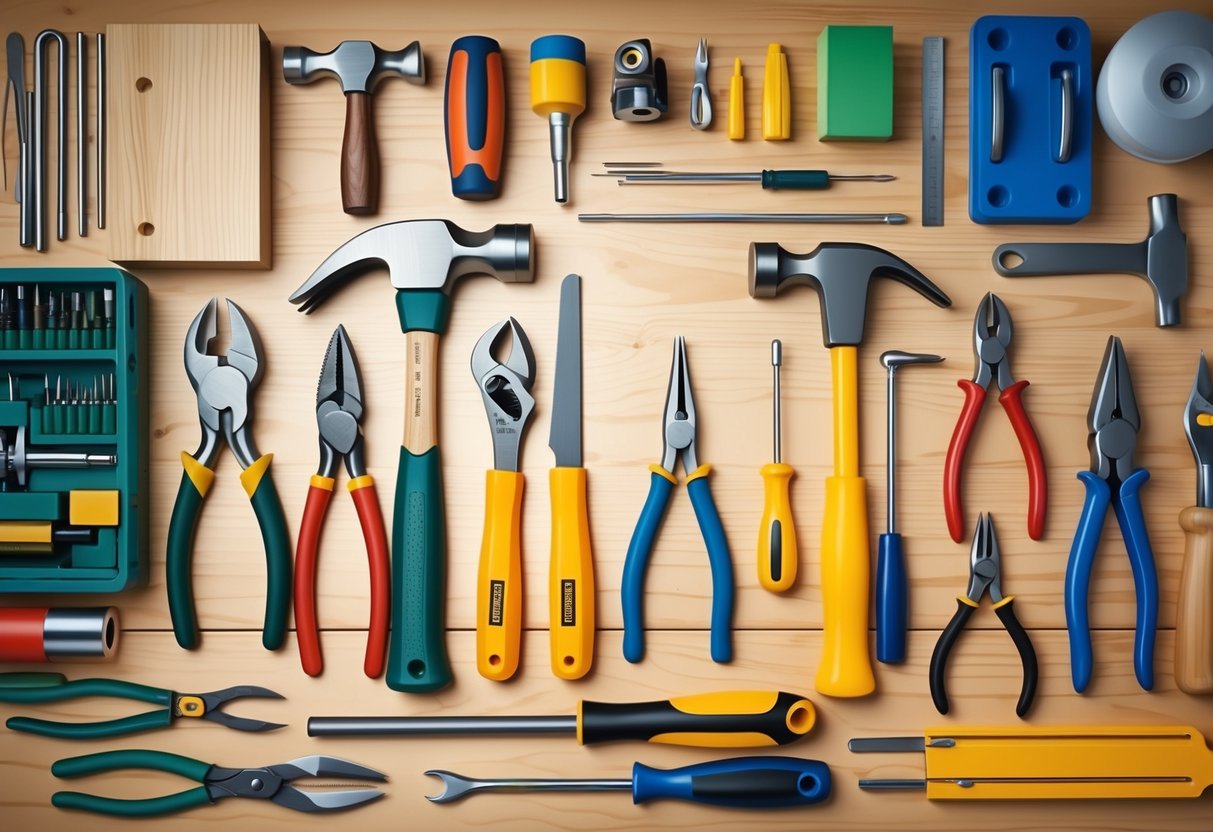 A well-organized workbench with neatly arranged crafting tools and supplies, including a variety of hammers, pliers, screwdrivers, and other essential items