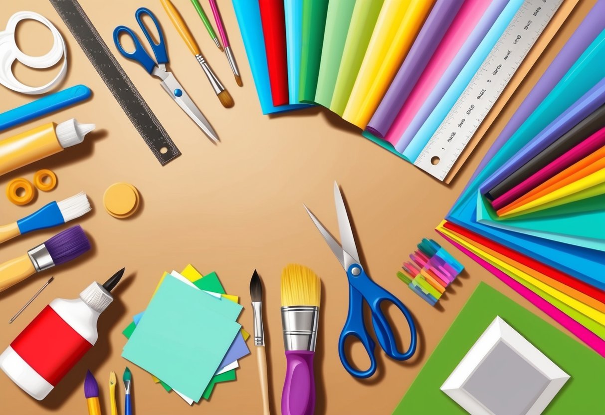 A table with various crafting tools neatly arranged, including scissors, glue, paintbrushes, rulers, and a variety of colorful papers and fabrics
