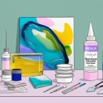 A table with various resin art supplies laid out, including molds, pigments, and mixing tools. A finished resin art piece sits in the background as inspiration