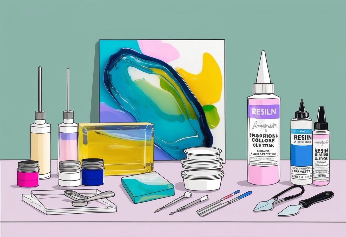 Feature image A table with various resin art supplies laid out, including molds, pigments, and mixing tools. A finished resin art piece sits in the background as inspiration