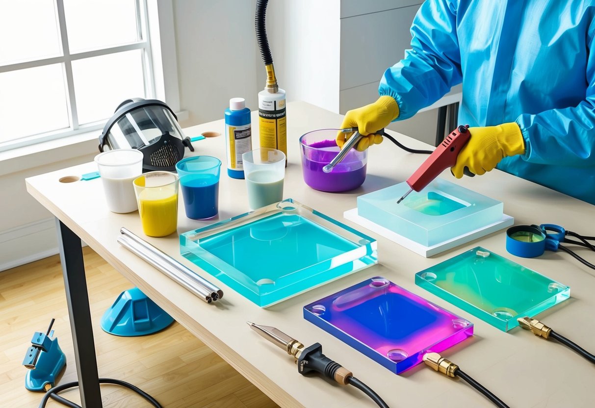 A table with resin, mixing cups, pigments, molds, and heat gun. Bright, well-lit workspace with protective gear and finished resin art pieces on display