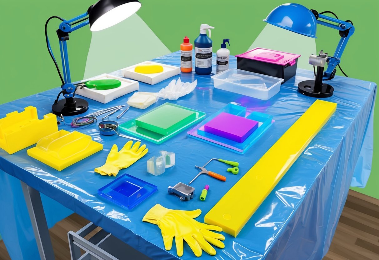 A well-lit workspace with resin, molds, gloves, and safety equipment. A table covered in protective materials with various tools and supplies for creating resin art
