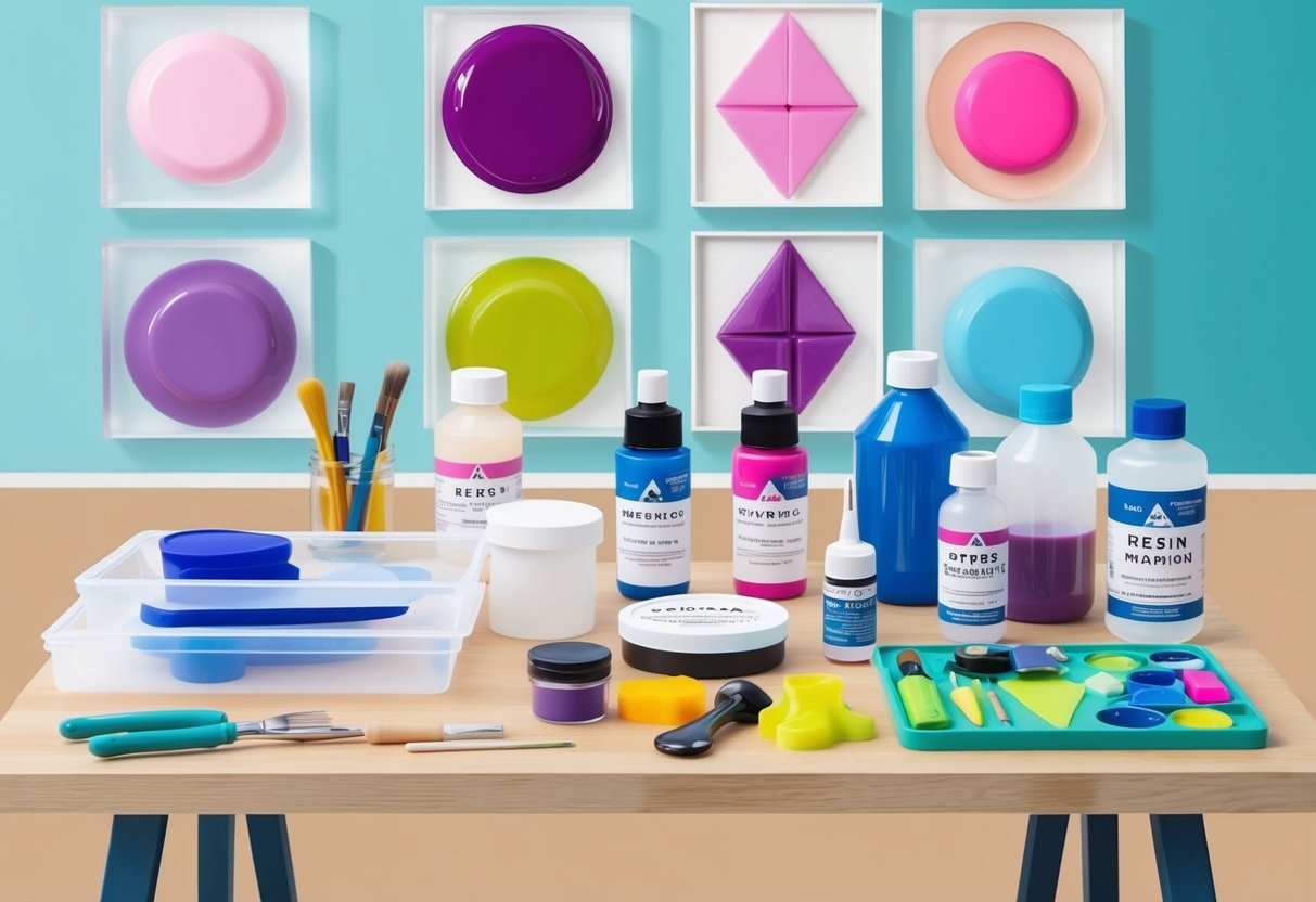 A table filled with various resin art supplies, including molds, pigments, and mixing tools. Finished resin art pieces displayed on the wall in the background