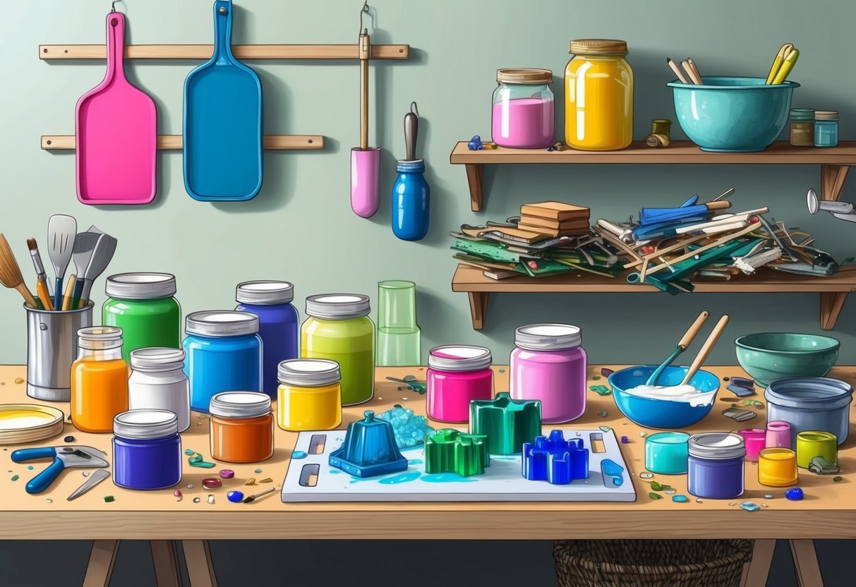 A workbench cluttered with jars of colorful pigments, various molds, and tools for mixing and pouring resin. A shelf holds recycled materials waiting to be incorporated into unique home decor pieces