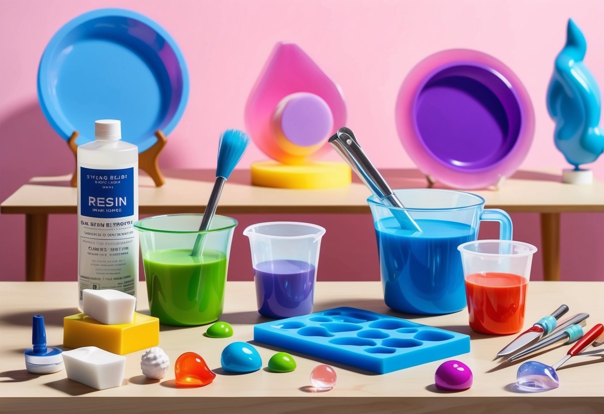 A table with resin art supplies, mixing cups, and molds. Finished pieces displayed in the background