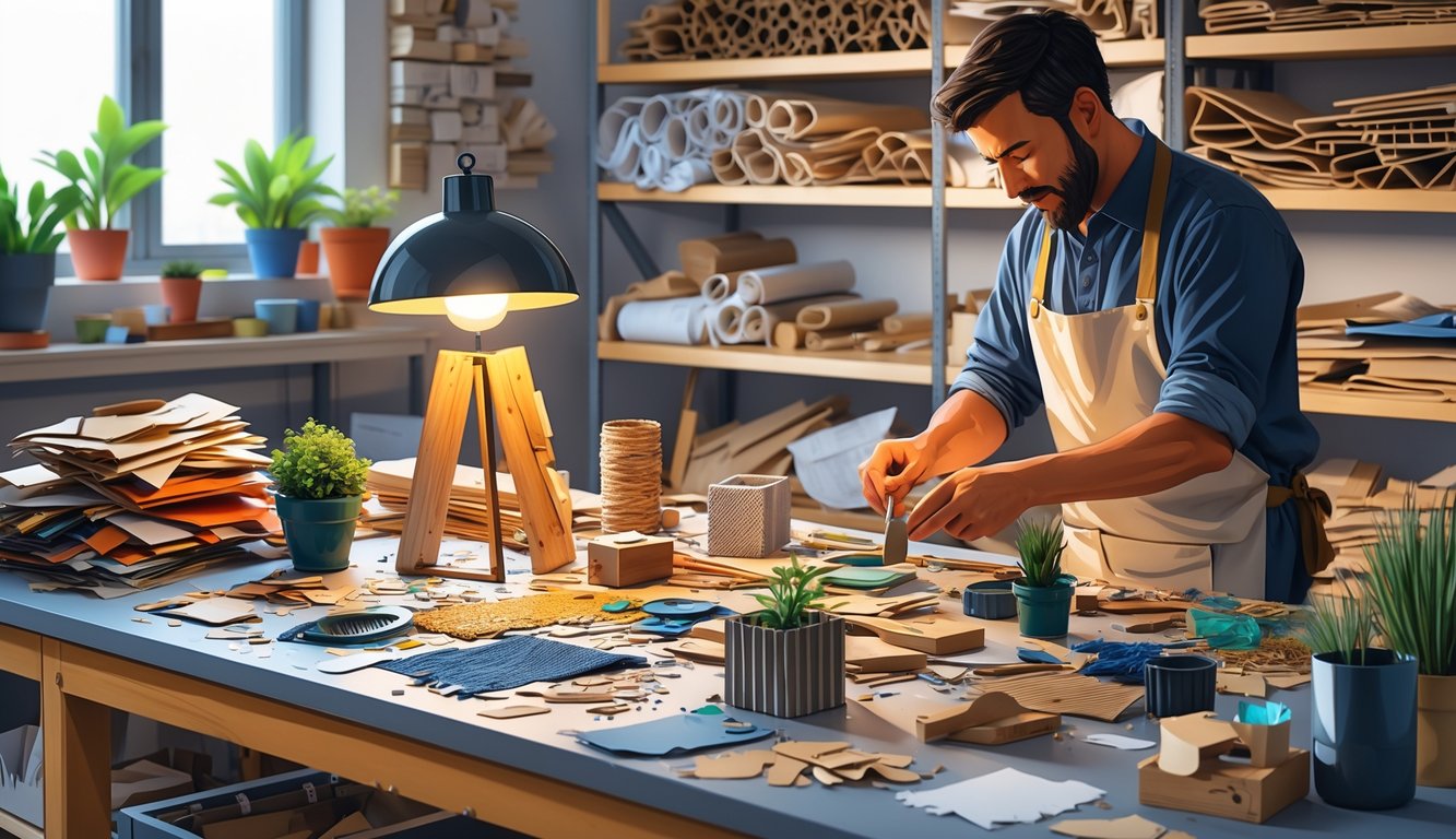 A person creating useful crafts from various scrap materials on a workbench filled with recycled items and finished handmade objects.