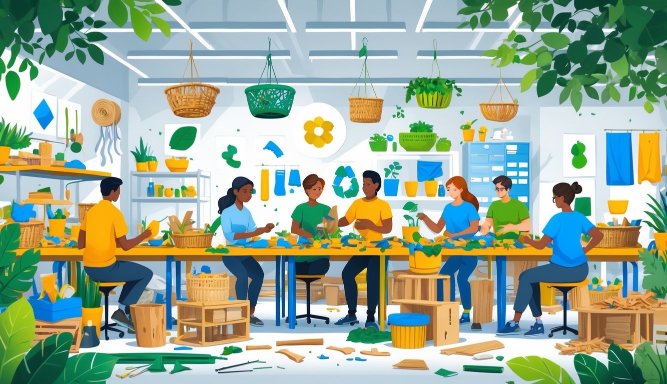 People working together in a workshop creating useful crafts from recycled scrap materials surrounded by handmade items and plants.