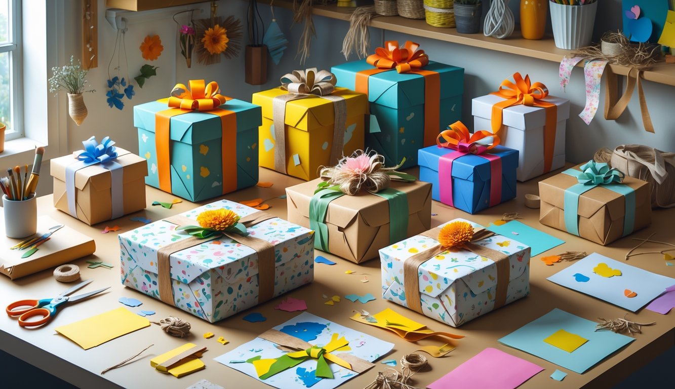 A variety of handmade gift boxes and packaging made from recycled scrap materials arranged on a workspace with craft tools and decorative embellishments.