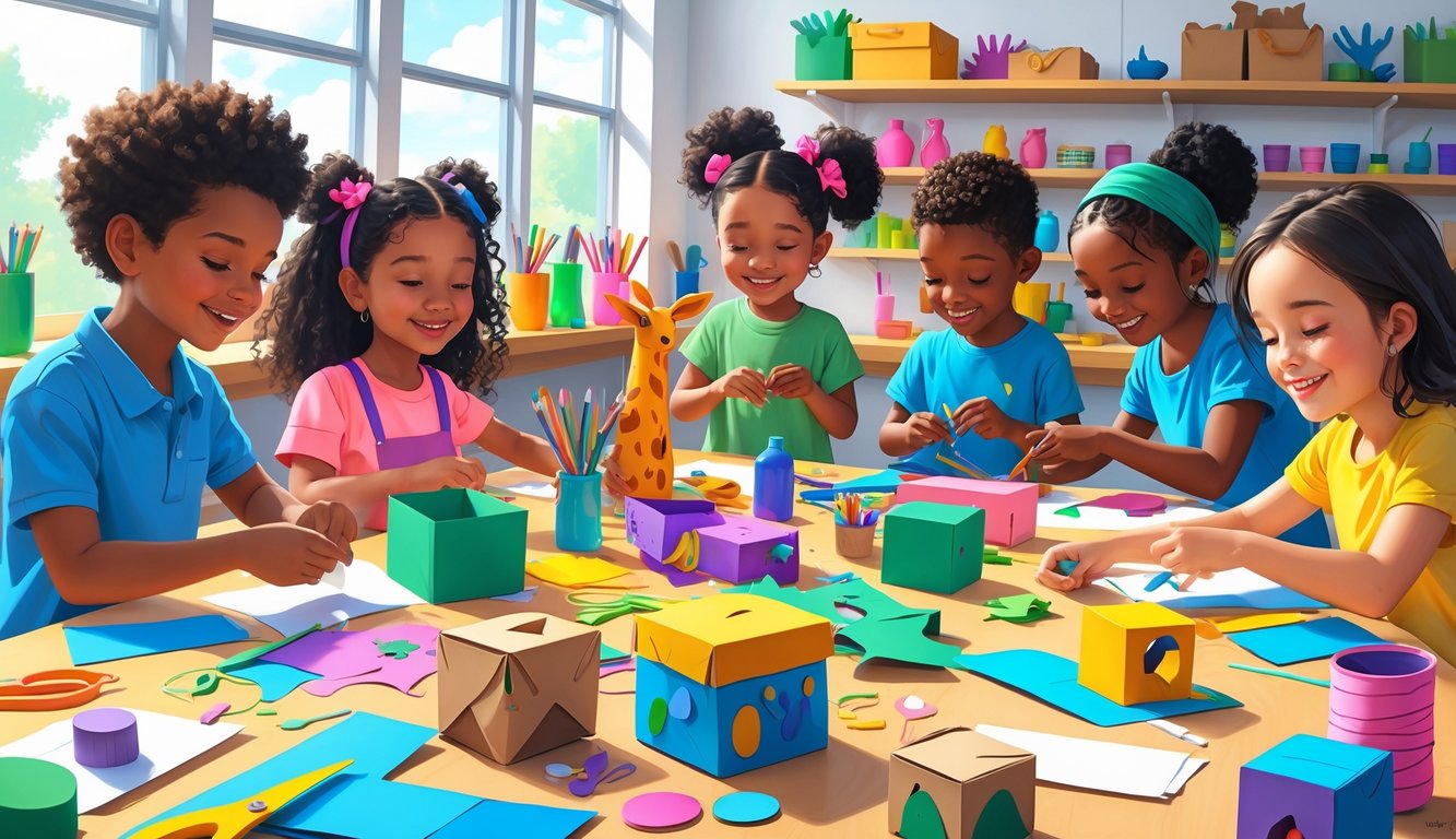 Children making creative crafts from scrap materials in a bright and organized workshop.