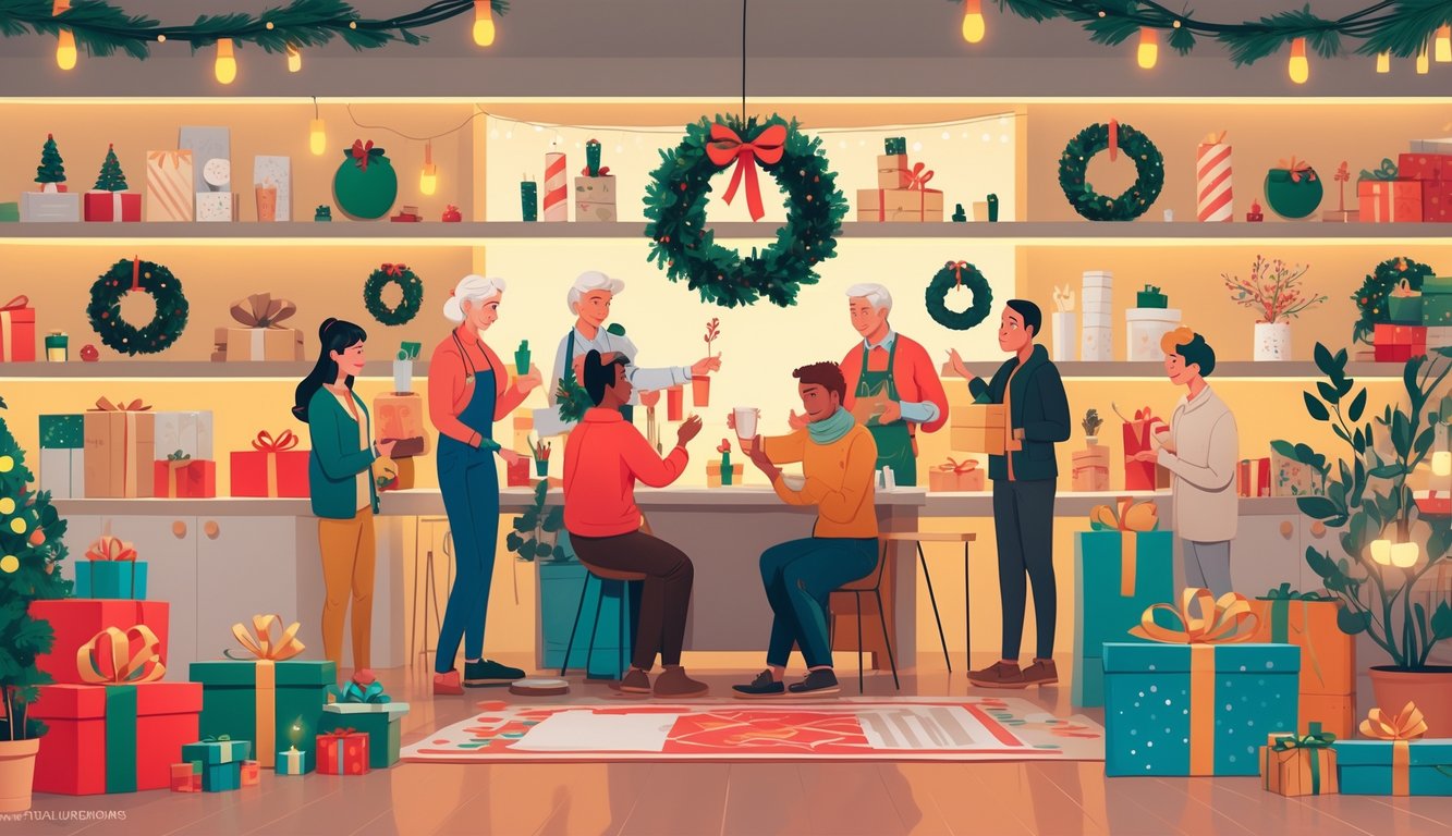 People arranging holiday decorations and gifts in a cozy home, using creative and eco-friendly ideas to prepare for the holidays.